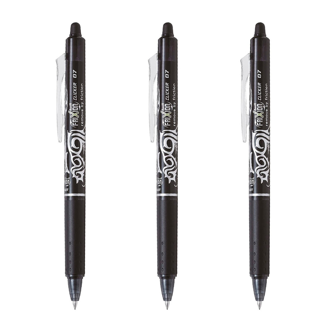 PILOT - Set de 3 Bolígrafos FriXion Ball Clicker Borrables y Recargables 0.7 mm. Negro