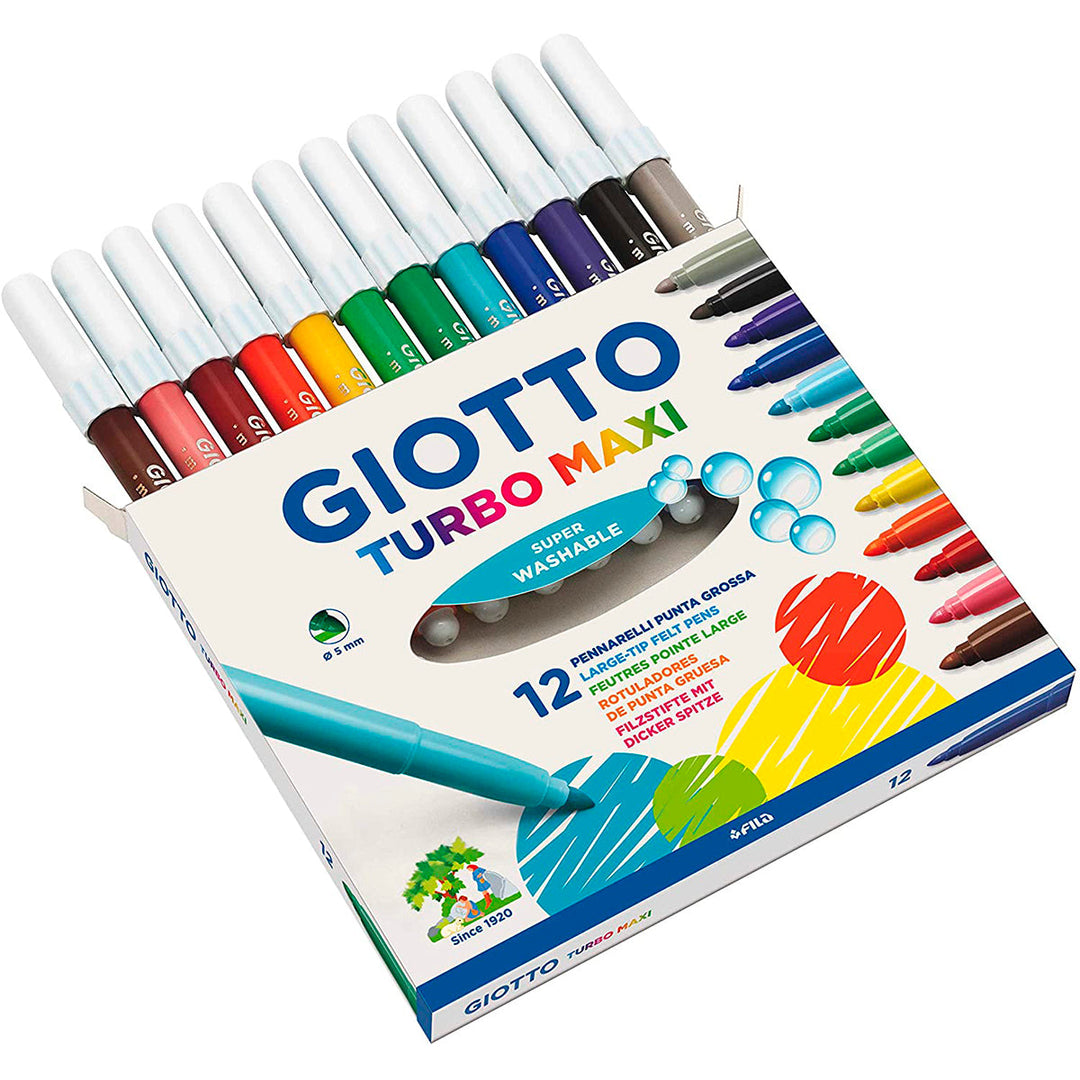 GIOTTO - Estuche 12 Rotuladores Maxi-Turbo, Súper Lavables con la Punta Bloqueada