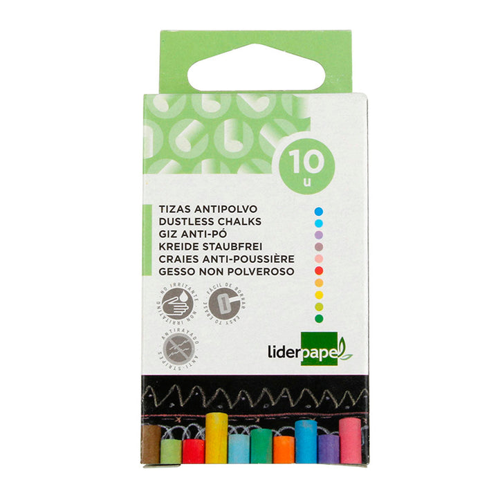 LIDERPAPEL - Caja de 10 Tizas Antipolvo, Colores Surtidos