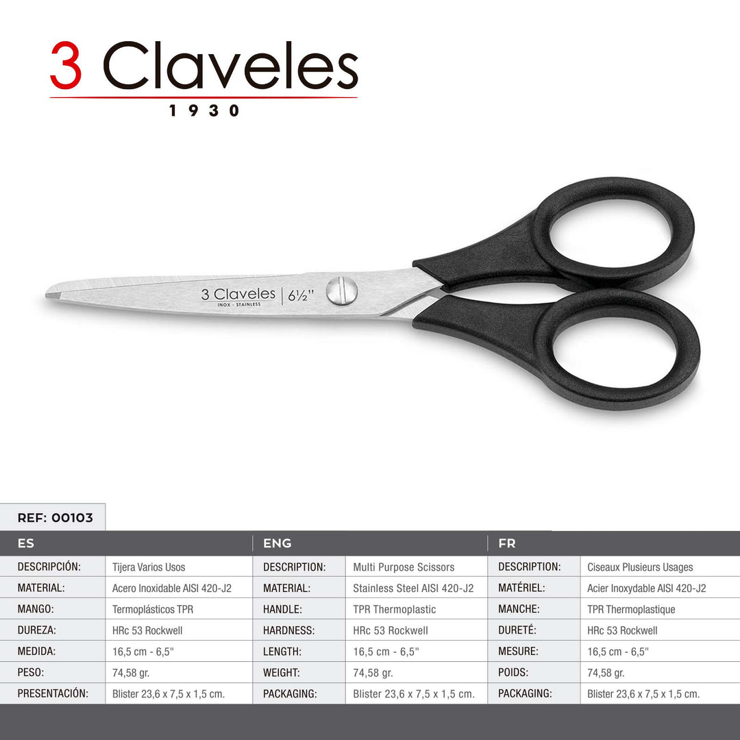 3 CLAVELES - Tijeras de Costura Profesionales 16.5 cm - 6.5" Acero Inoxidable