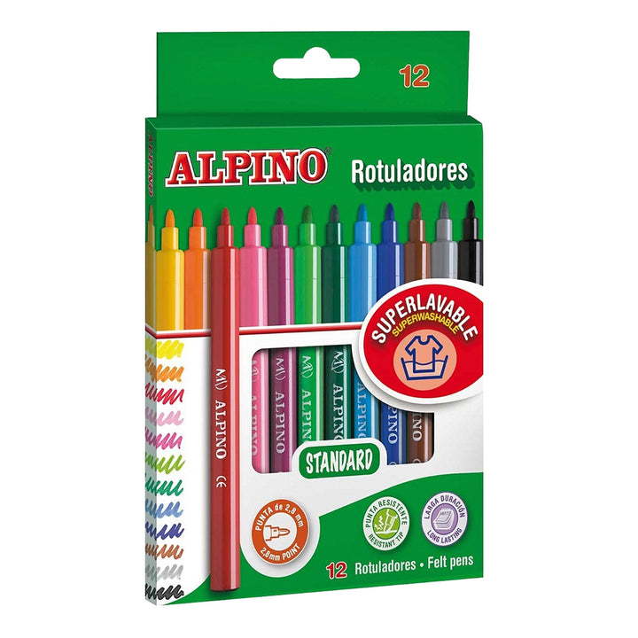 ALPINO - Caja de 12 Rotuladores de Colores con Punta Resistente de 3mm Tinta Lavable
