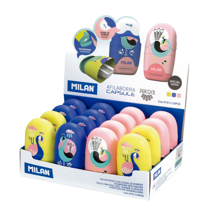 MILAN CAPSULE Peacock - Caja Expositora Afilaborra. Combinación de Goma y Sacapuntas. Colores Surtidos.