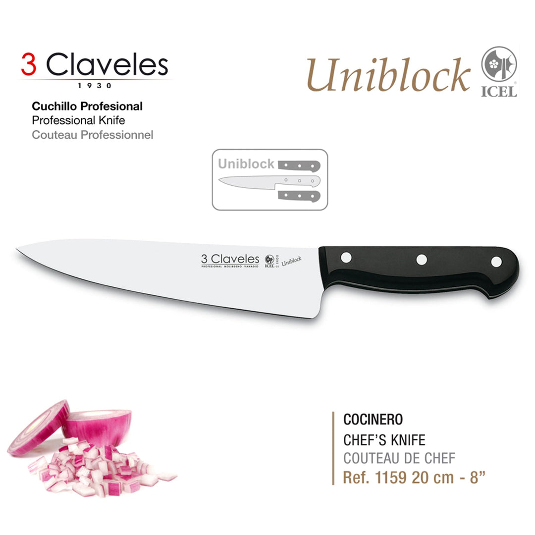 3 Claveles Uniblock - Cuchillo Cocinero Profesional 20 cm Acero Inoxidable. Mango POM