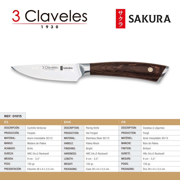 3 Claveles Sakura - Cuchillo Cocina 9 cm Acero Forjado con Hoja Martilleada