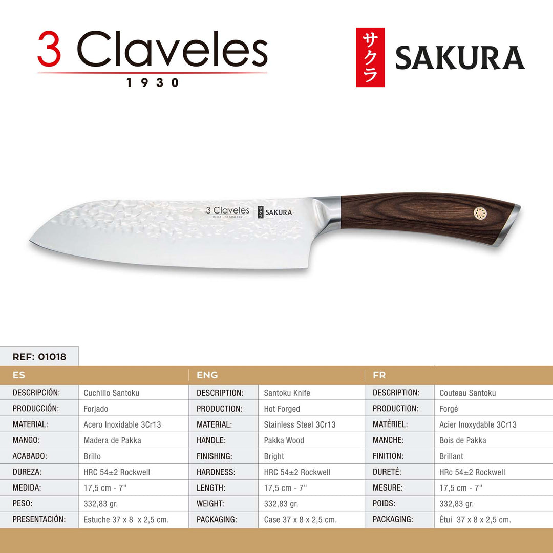 3 Claveles Sakura - Cuchillo Santoku 17.5 cm Acero Forjado con Hoja Martilleada