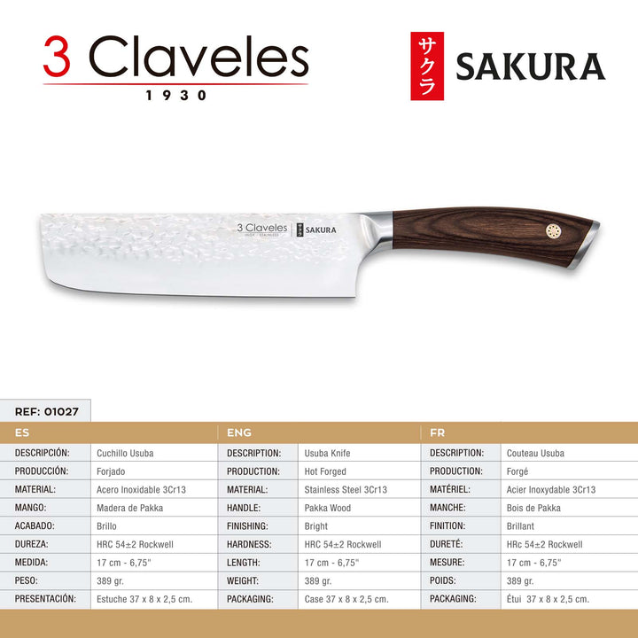 3 Claveles Sakura - Cuchillo Usuba 17 cm Acero Forjado con Hoja Martilleada