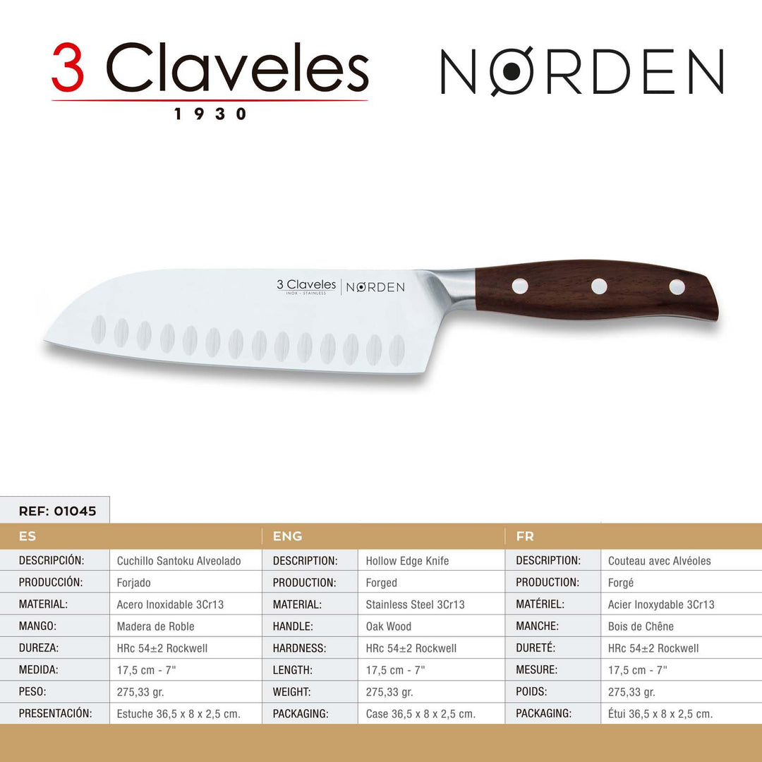 3 Claveles Norden - Cuchillo Santoku Profesional 17.5 cm Acero Forjado y Mango de Roble