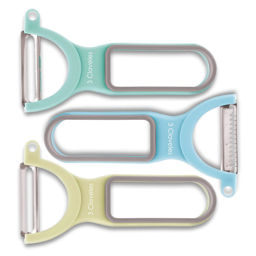3 Claveles - Set de 3 Peladores en Forma Y en Acero Inoxidable. Colores Surtidos