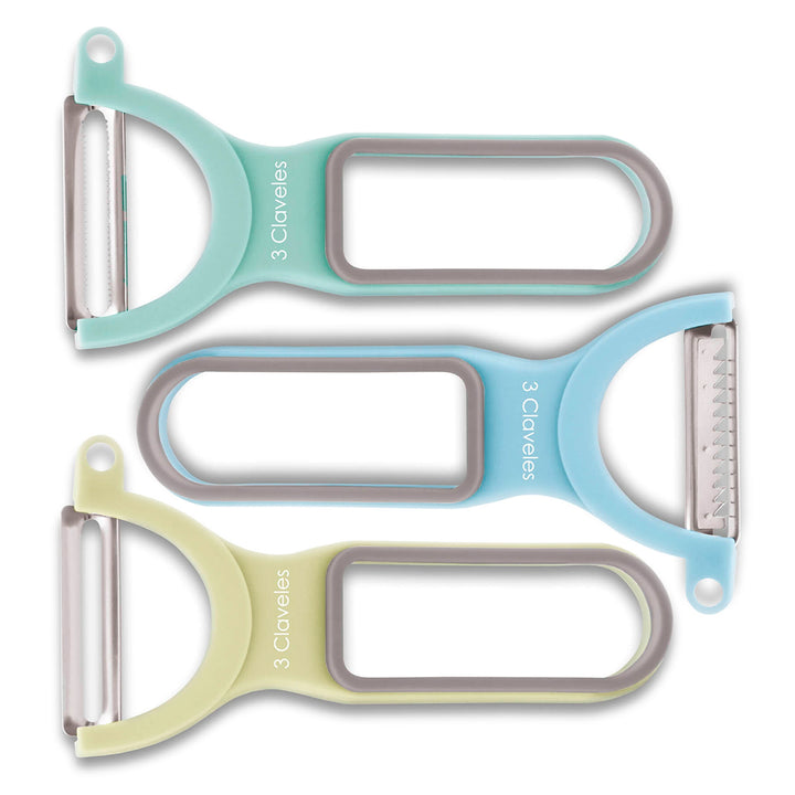 3 Claveles - Set de 3 Peladores en Forma Y en Acero Inoxidable. Colores Surtidos
