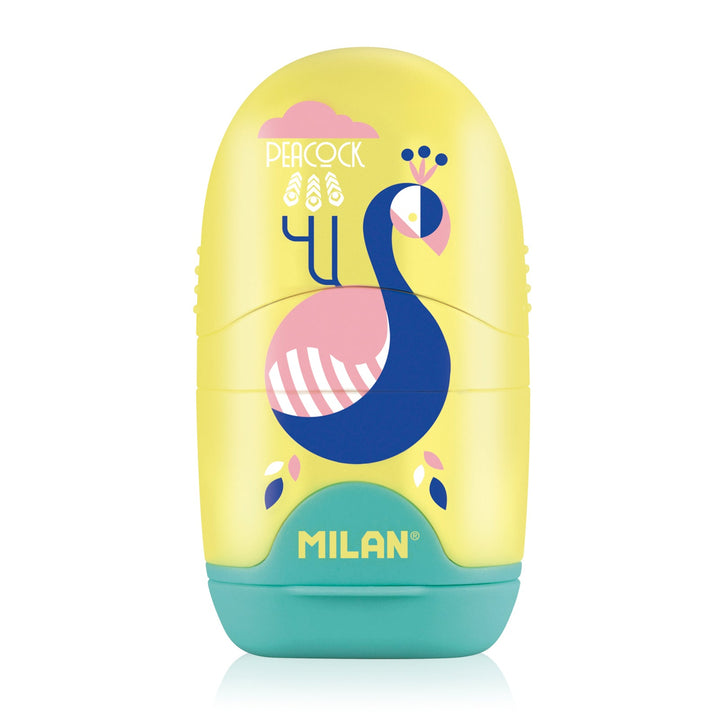 MILAN CAPSULE Peacock - Caja Expositora Afilaborra. Combinación de Goma y Sacapuntas. Colores Surtidos.