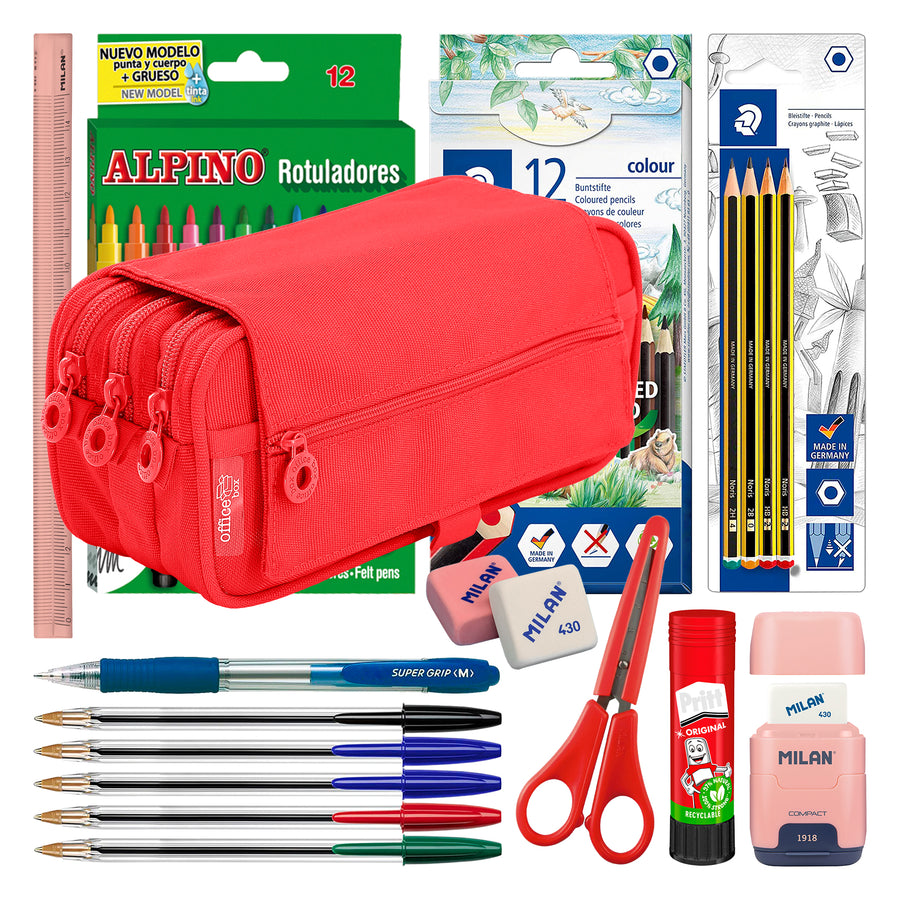 ColePack Pro - Estuche Triple de 3 Cremalleras con Material Escolar Incluido. Rojo Coral