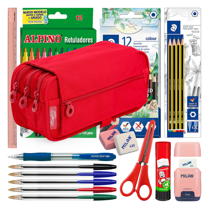 ColePack Pro - Estuche Triple de 3 Cremalleras con Material Escolar Incluido. Rojo