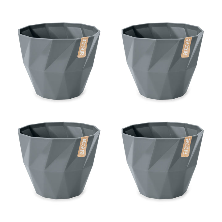 Areca Quartz - Set de 4 Macetas Redondas Decorativas 13 cm con Textura. Gris