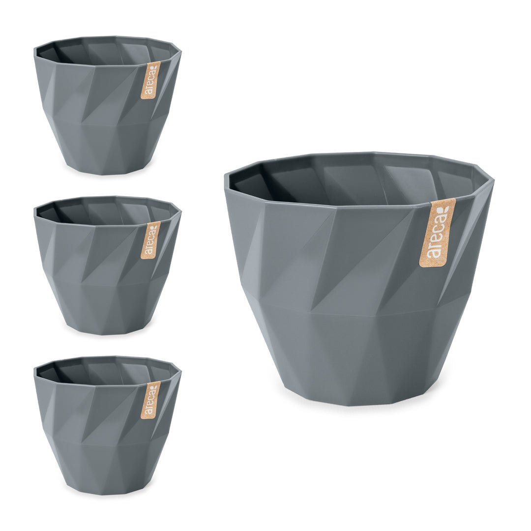 Areca Quartz - Set de 4 Macetas Redondas Decorativas 19 cm con Textura. Gris