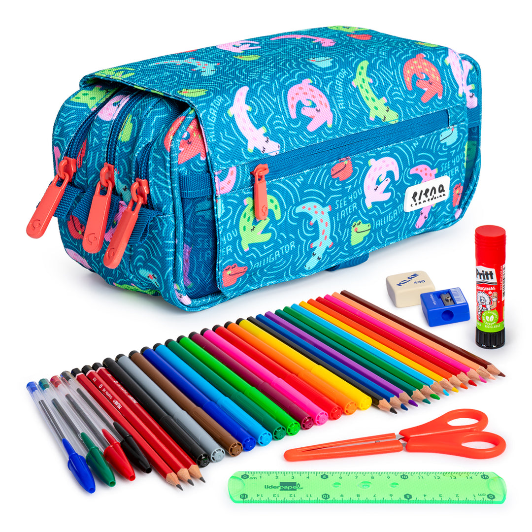 ColePack EcoDes - Estuche Triple de 3 Cremalleras con Material Escolar Incluido. Alligator