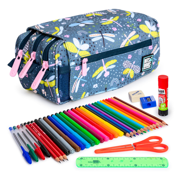 ColePack EcoDes - Estuche Triple de 3 Cremalleras con Material Escolar Incluido. Dragon Fly