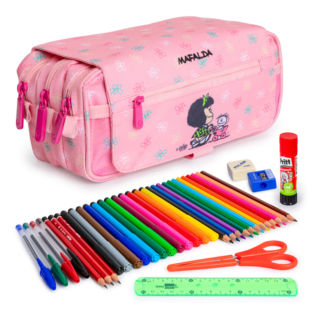 ColePack EcoDes - Estuche Triple de 3 Cremalleras con Material Escolar Incluido. Mafalda Cart