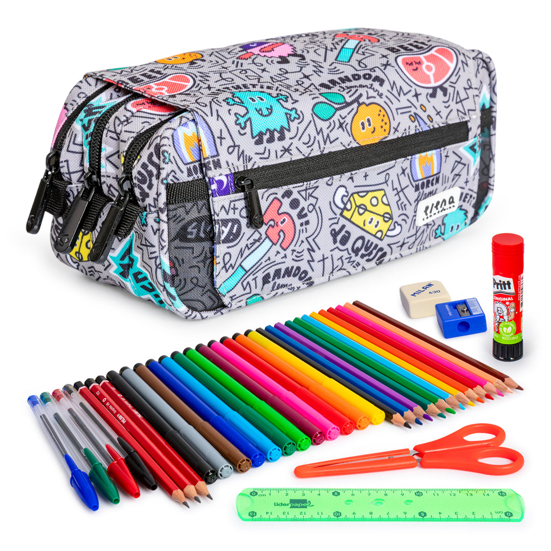 ColePack EcoDes - Estuche Triple de 3 Cremalleras con Material Escolar Incluido. Random