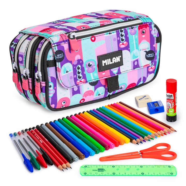 ColePack ECO Milan - Estuche Triple de 3 Cremalleras y Material Escolar Incluido. Aliens