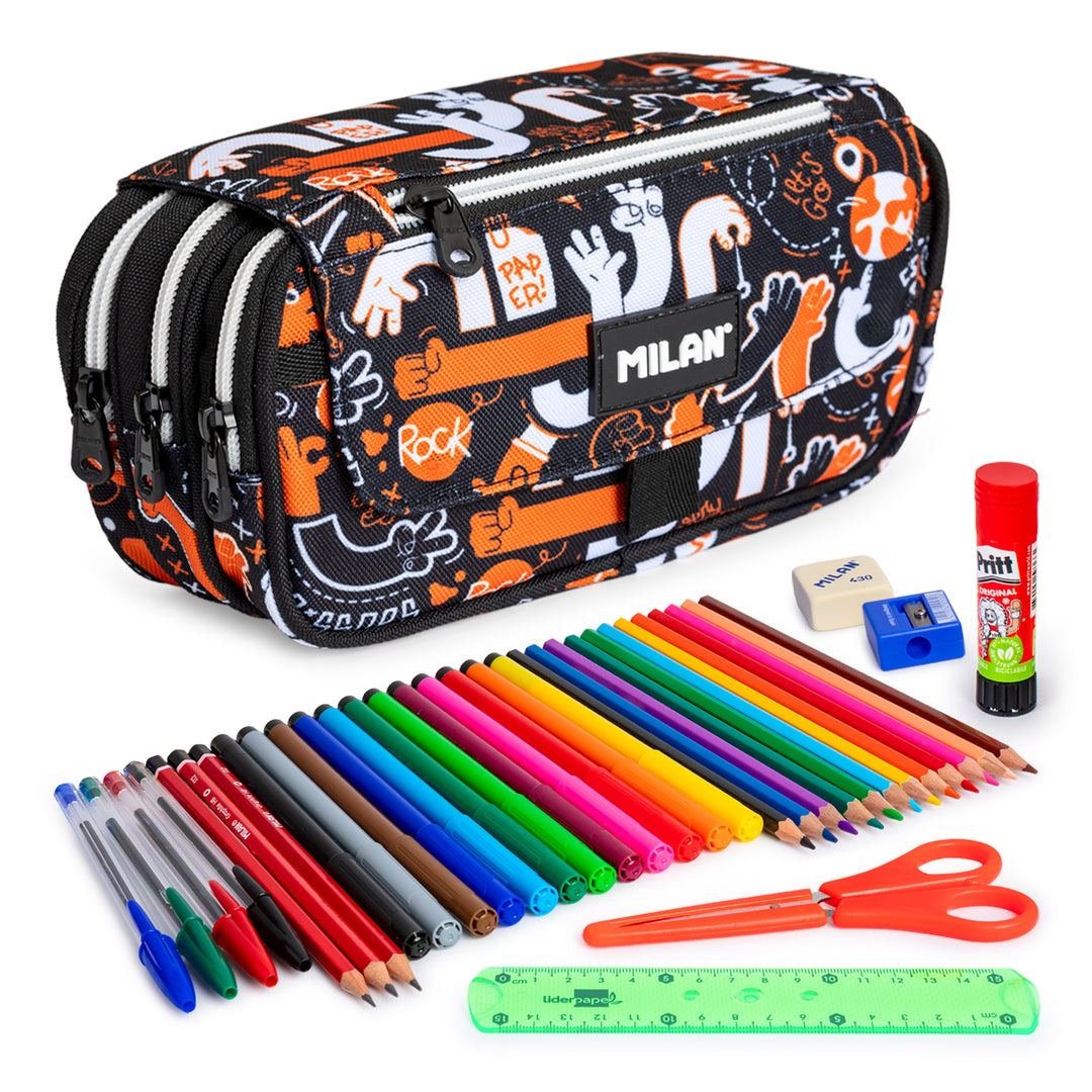 ColePack ECO Milan - Estuche Triple de 3 Cremalleras y Material Escolar Incluido. Fingers