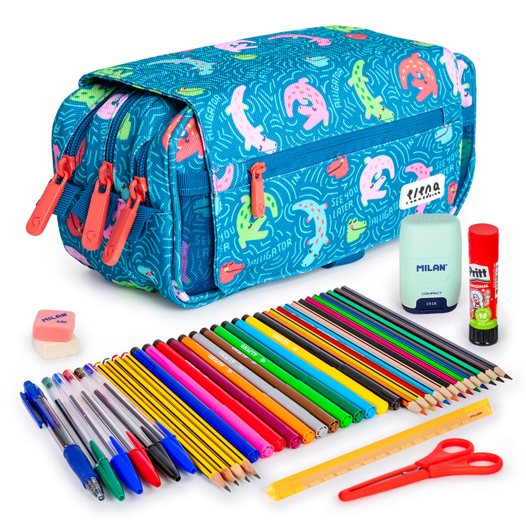 ColePack Design - Estuche Triple de 3 Cremalleras con Material Escolar Incluido. EC Alligator