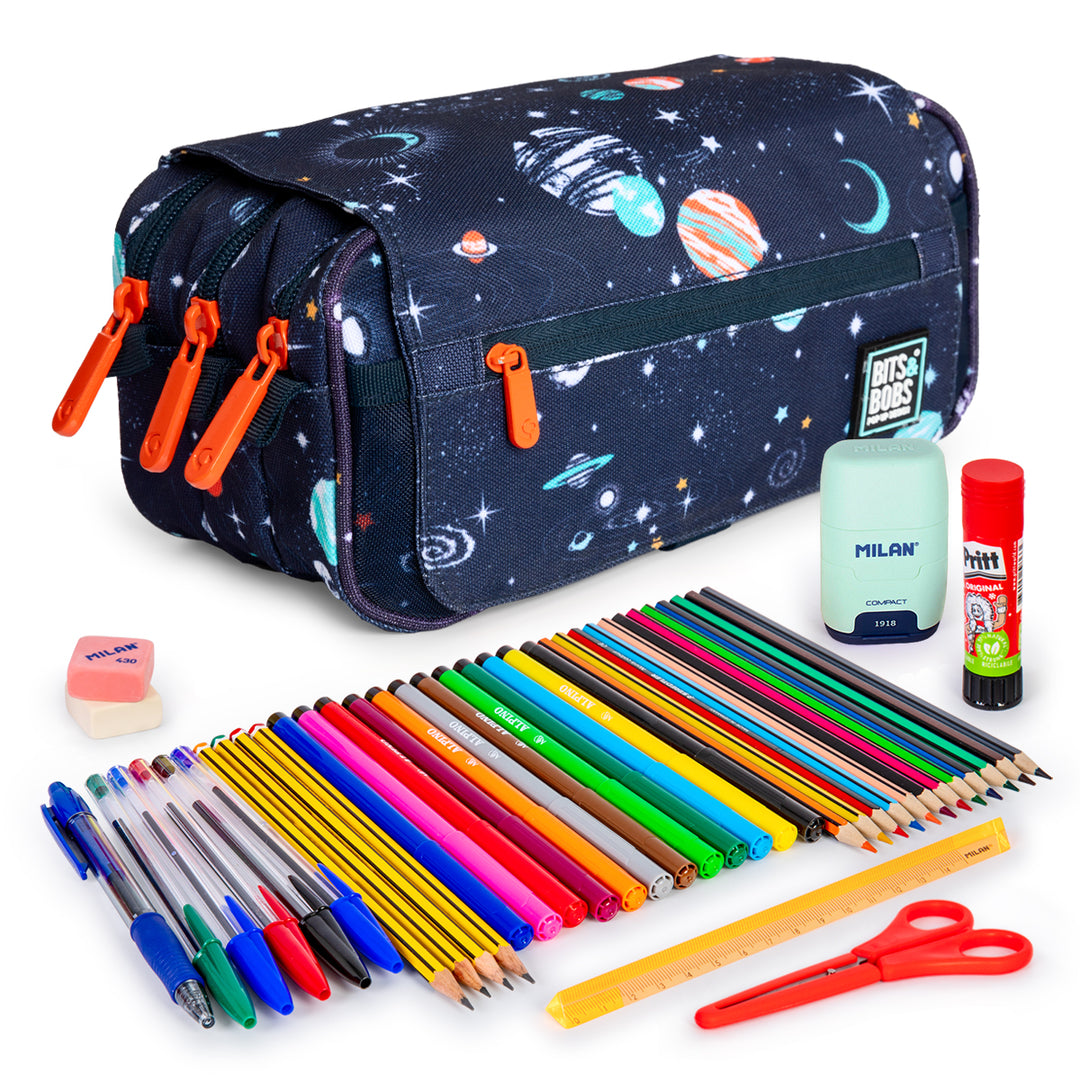 ColePack Design - Estuche Triple de 3 Cremalleras con Material Escolar Incluido. Cosmos