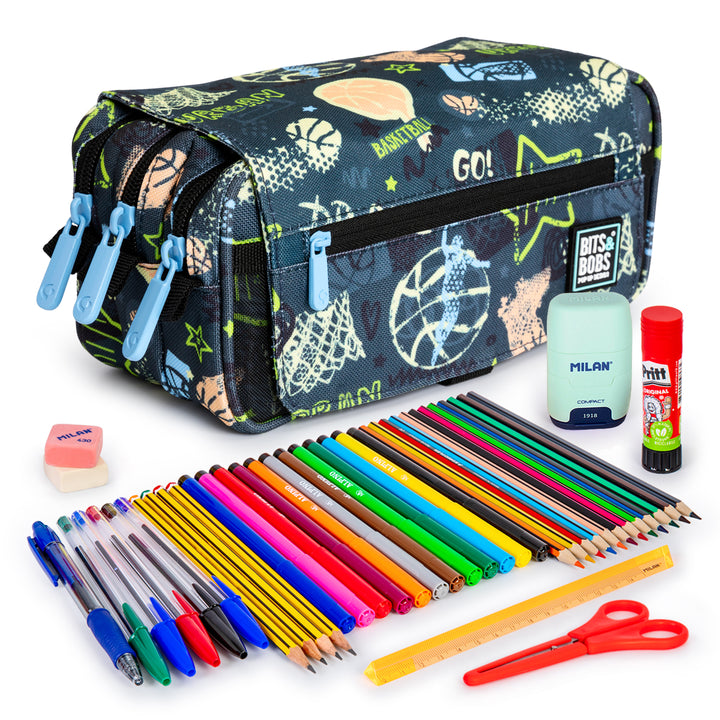 ColePack Design - Estuche Triple de 3 Cremalleras con Material Escolar Incluido. Streetball