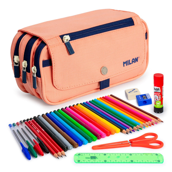 ColePack ECO Milan - Estuche Triple de 3 Cremalleras y Material Escolar Incluido. Rosa 1918