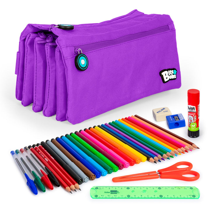 ColePack Eco36 - Estuche Cuadruple de 4 Cremalleras con Material Escolar Incluido. Morado