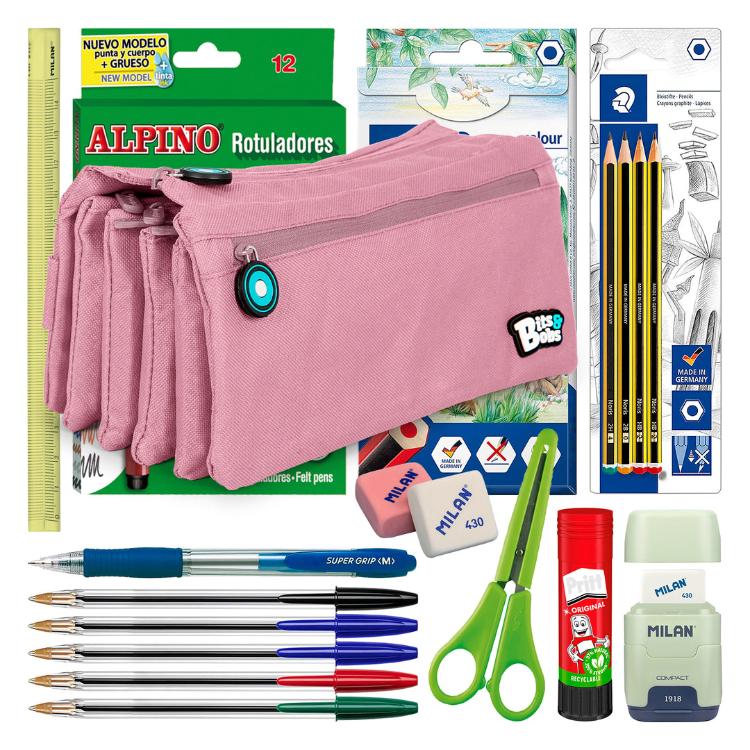 ColePack BitsBobs - Estuche Escolar Cuádruple de 4 Cremalleras y Material Incluido. Rosa Soft