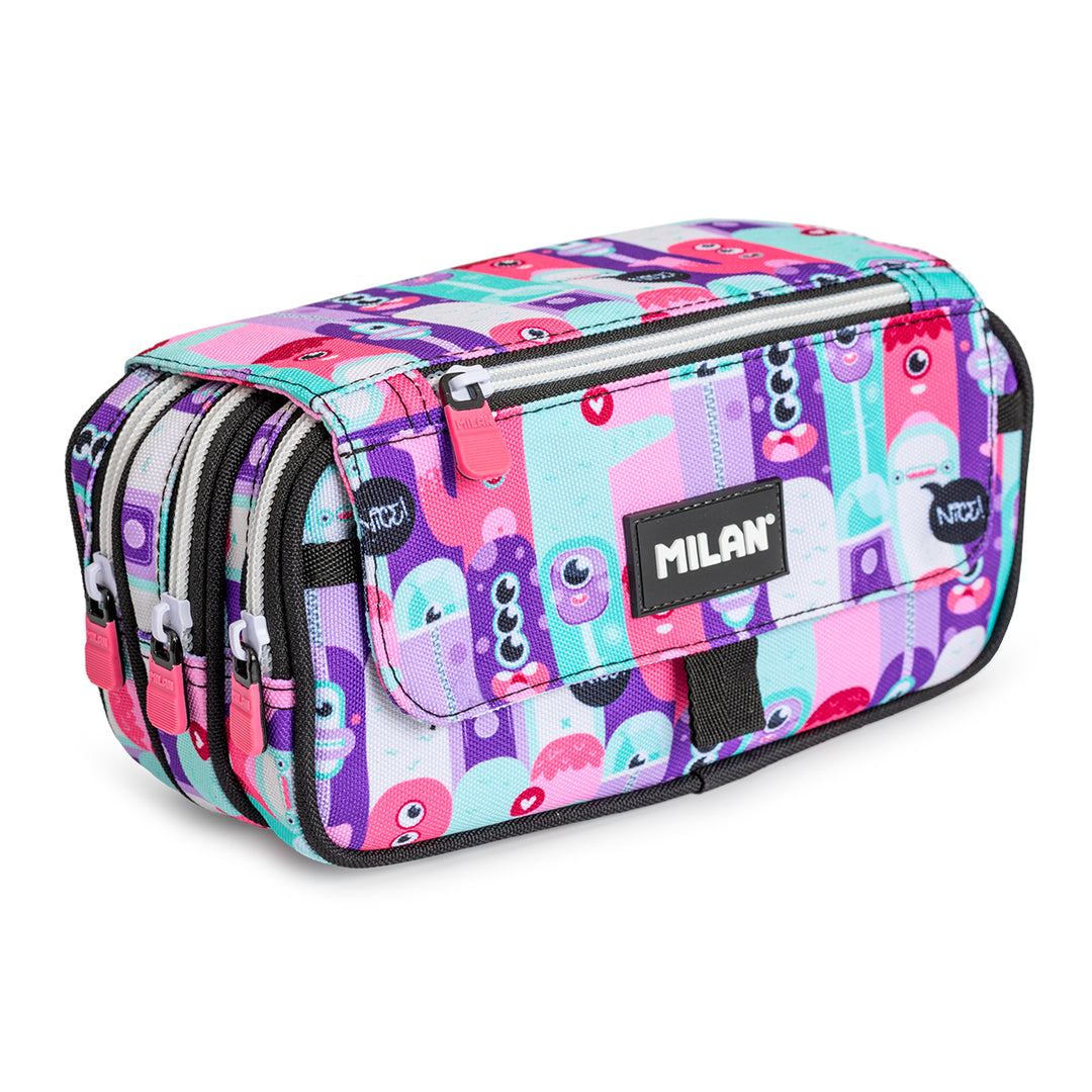 Milan Aliens 2 - Estuche Portatodo Triple con Cuatro Cremalleras para Material Escolar