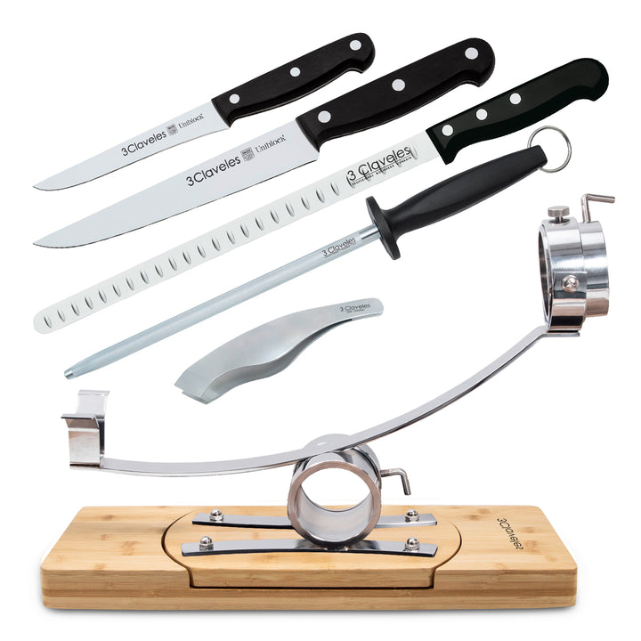 3 Claveles 01742 - Soporte Jamonero Basculante 360º y Kit de Corte Profesional Uniblock