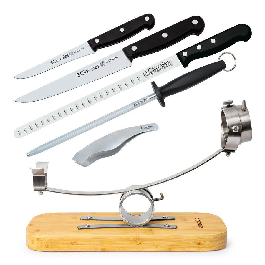 3 Claveles 01744 - Soporte Jamonero Basculante Bambú y Kit de Corte Profesional Uniblock