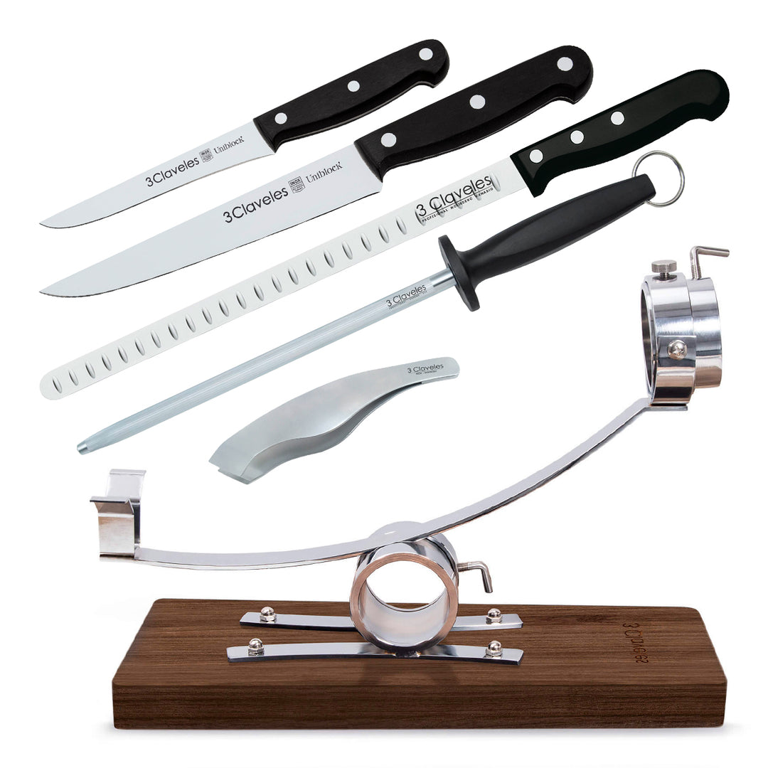 3 Claveles 01748 - Soporte Jamonero Basculante Madera y Kit de Corte Profesional Uniblock