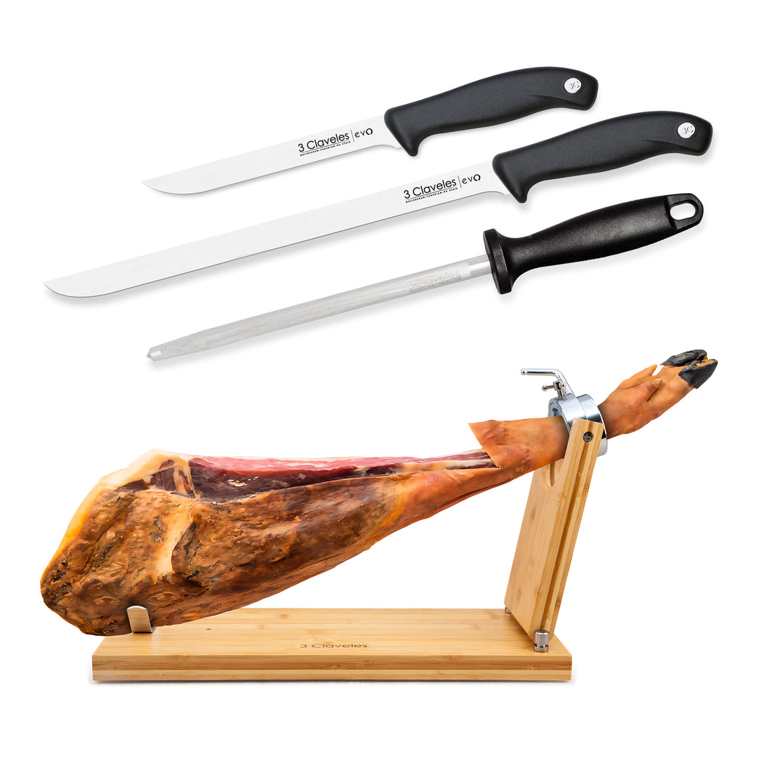 3 Claveles - Kit Soporte Jamonero Plegable en Bambú y Cuchillos Jamoneros con Chaira