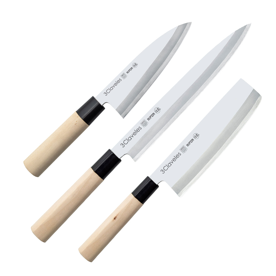 3 Claveles NIPON - Kit Cuchillos Medianos Tipo Japonés Acero Inoxidable y Mango de Arce