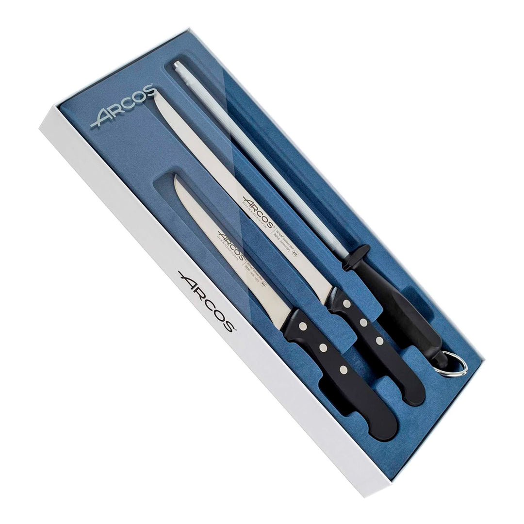 ARCOS Universal - Kit de Cuchillo Jamonero de 24 cm, Deshuesador y Chaira en Estuche