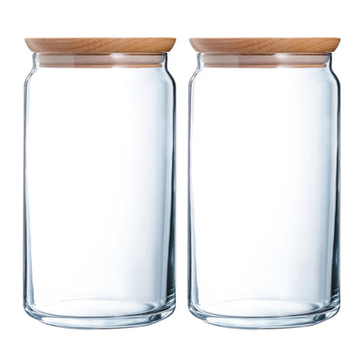 Luminarc Pure Jar - Juego de 2 Botes Redondos de 2L en Vidrio con Tapa de Madera