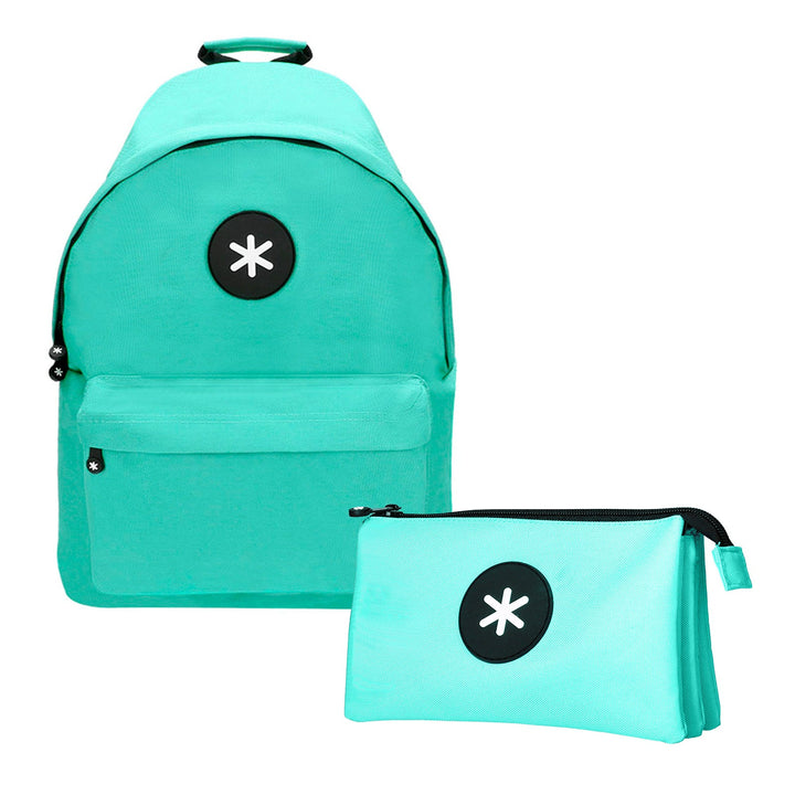 ANTARTIK - Conjunto Escolar con Mochila y Estuche Triple 2 Cremalleras. Menta