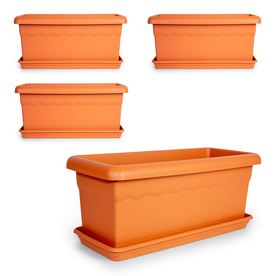 Plastiken TERRA - Set de 4 Jardineras con Platos Incluidos. Medida 50 cm 14L. Terracota