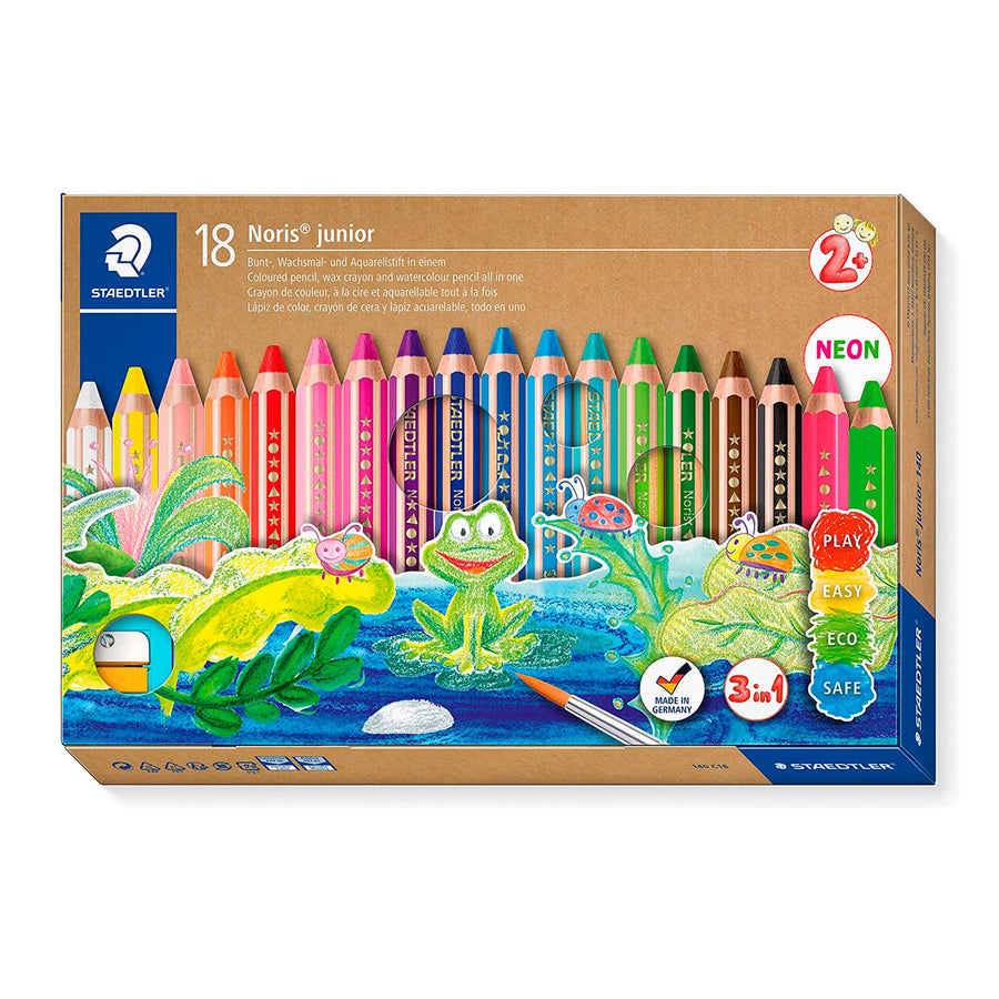  STAEDTLER Noris Junior - Caja de 18 Lápices de Colores Extra Gruesos. Incluye Sacapuntas y Pincel