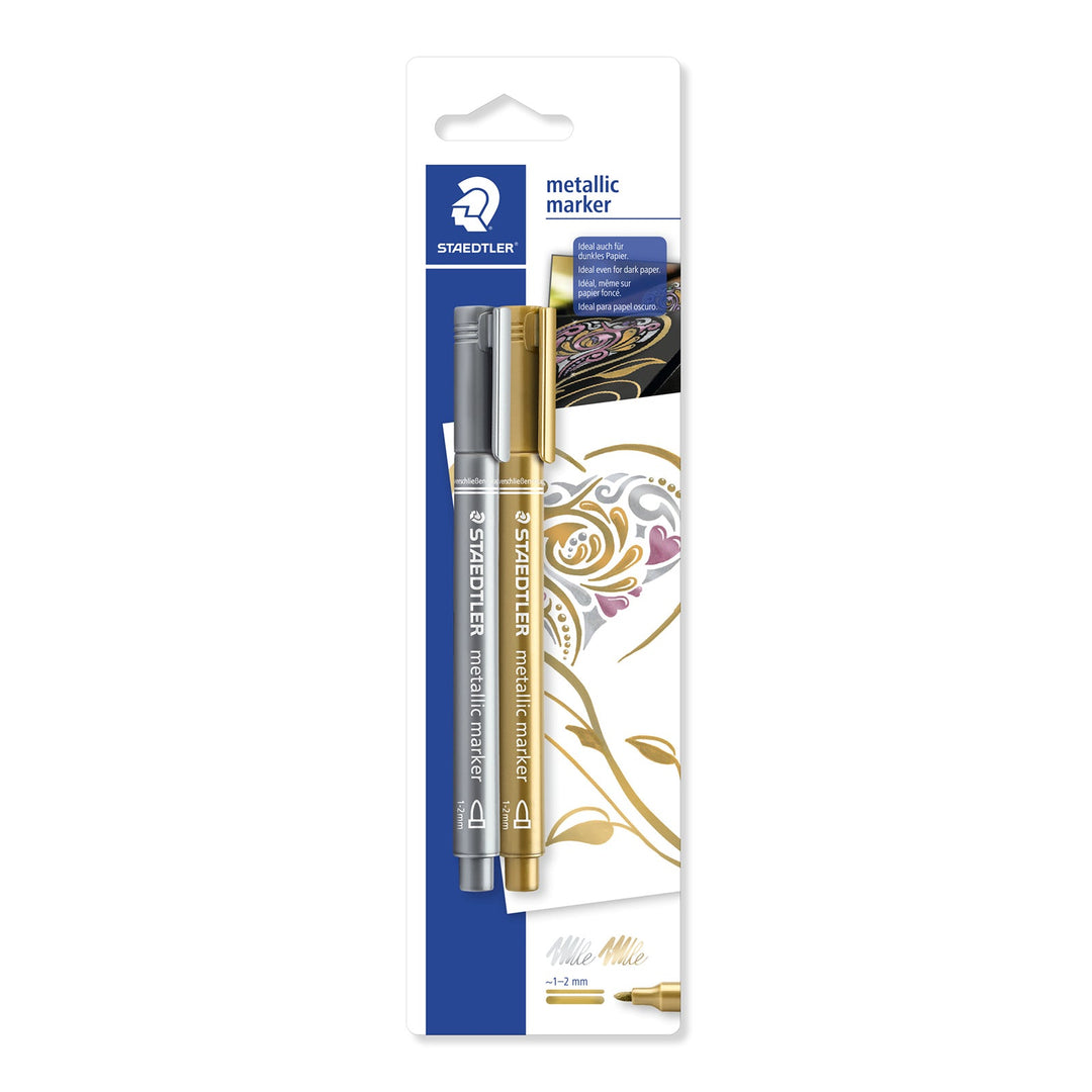 STAEDTLER - Blíster con 2 Rotuladores Metálicos de Punta Fina. Plateado y Dorado