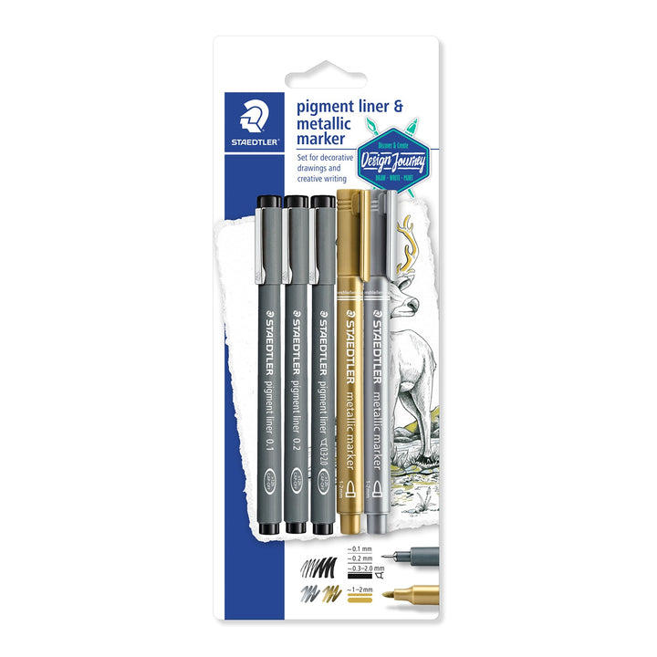 STAEDTLER Fineliner - Set de Escritura Creativa con 3 Rotuladores Pigment Liner y 2 Rotuladores Metálicos