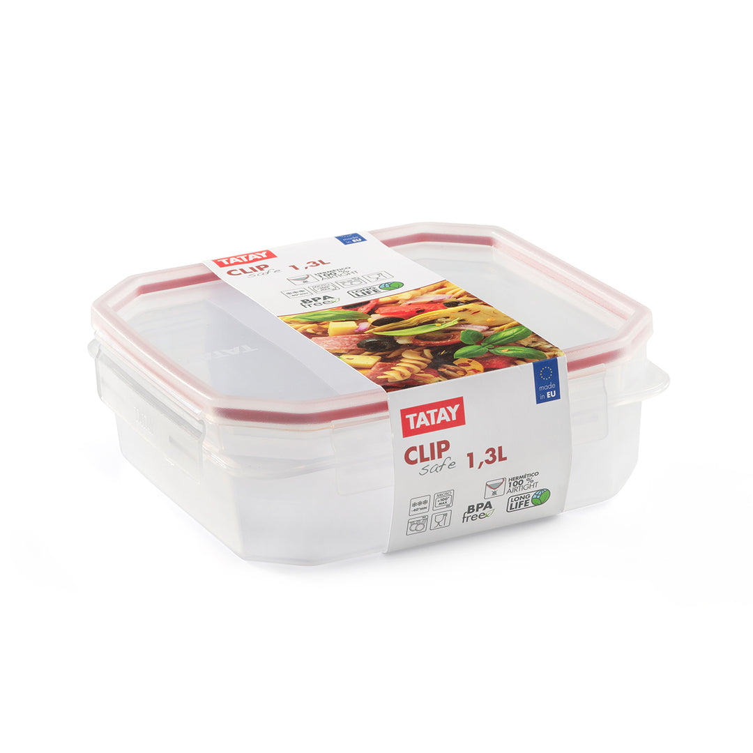 TATAY Clip Safe - Recipiente Hermético Cuadrado 1.3L con Cierre de Pestañas. Rojo