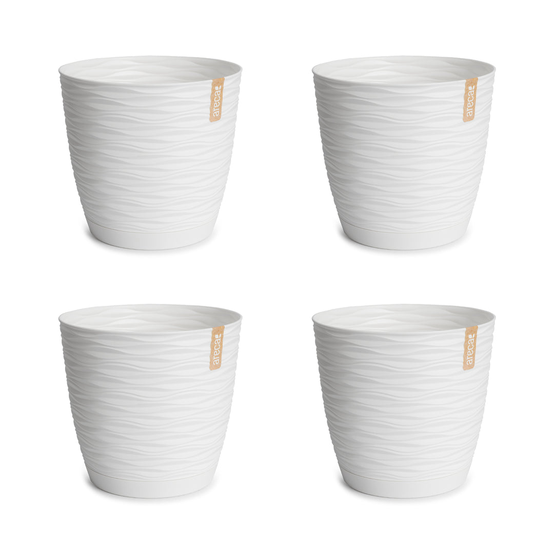 Areca Wind - Set de 4 Macetas Decorativas Redondas 13 cm con Platos Integrados. Blanco