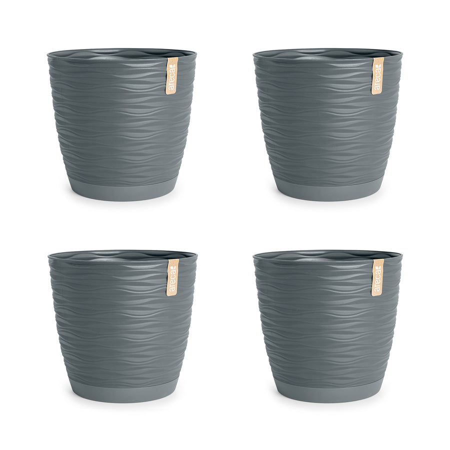 Areca Wind - Set de 4 Macetas Decorativas Redondas 13 cm con Platos Integrados. Gris