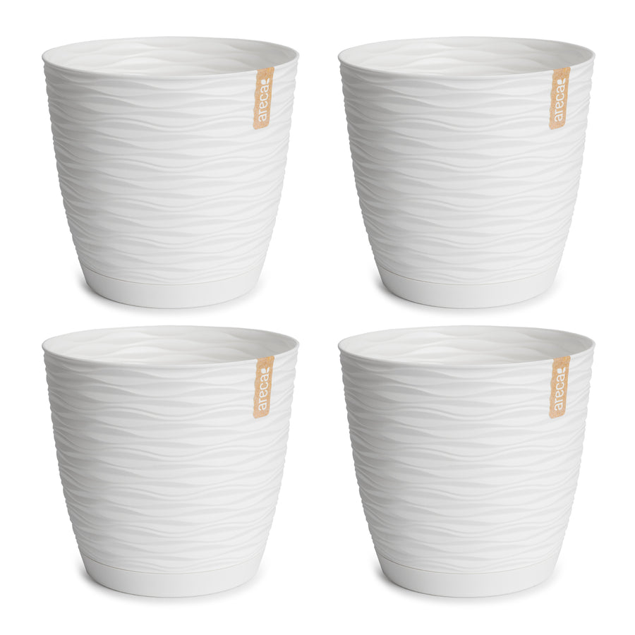 Areca Wind - Set de 4 Macetas Decorativas Redondas 17 cm con Platos Integrados. Blanco