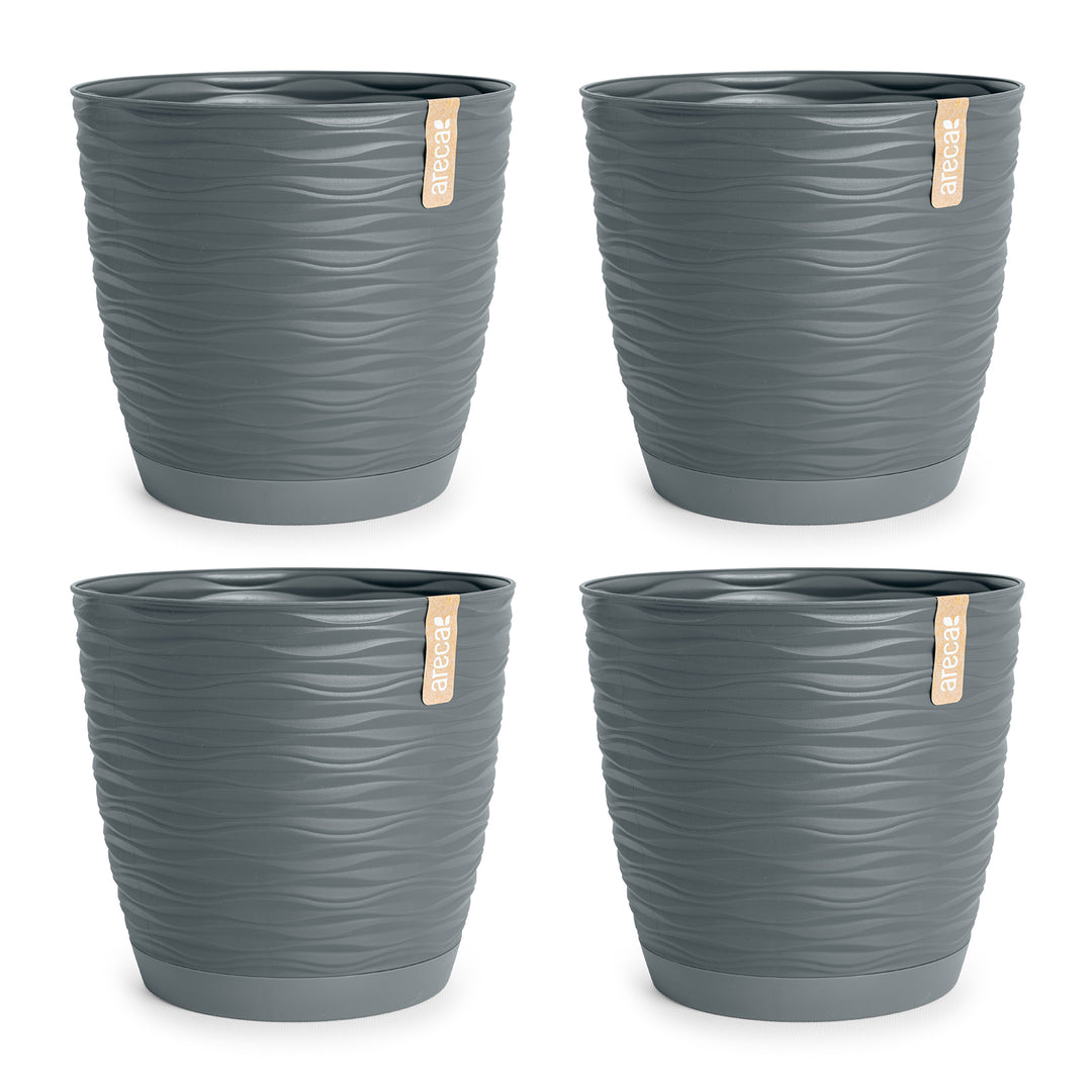 Areca Wind - Set de 4 Macetas Decorativas Redondas 17 cm con Platos Integrados. Gris