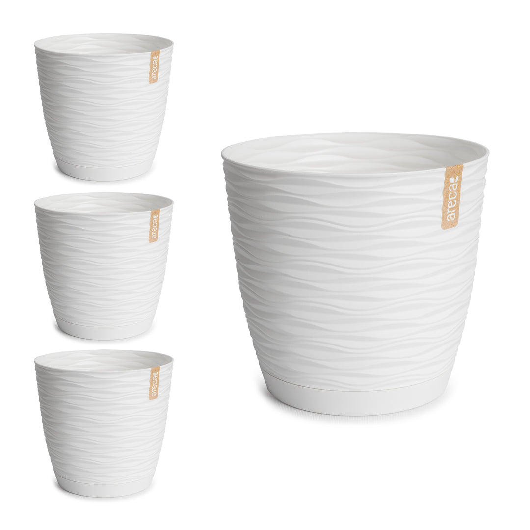 Areca Wind - Set de 4 Macetas Decorativas Redondas 23 cm con Platos Integrados. Blanco