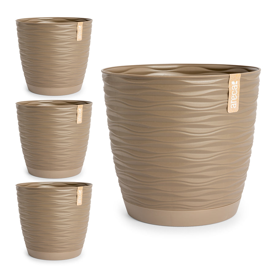 Areca Wind - Set de 4 Macetas Decorativas Redondas 27 cm con Platos Integrados. Taupe